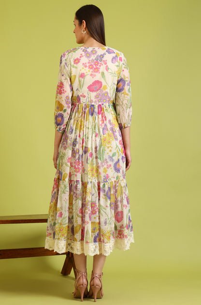 Floral Printed Flared Polyester Dress - Image 3